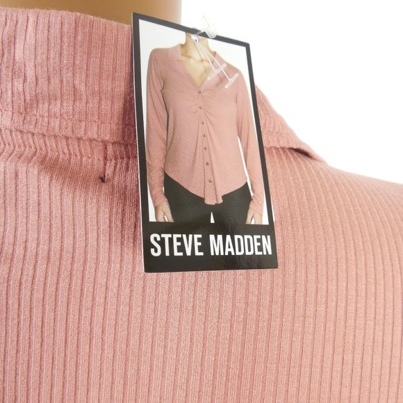 STEVE MADDEN Top L New $59 Button Down Blouse Pink Rose Stretch V-Neck Long Slvs - Picture 7 of 9